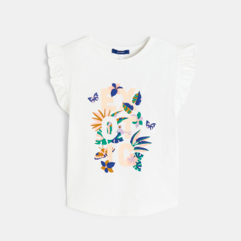 تيشيرت بأكمام قصيرة متموجة باللون الأبيض للفتيات الصغيرات